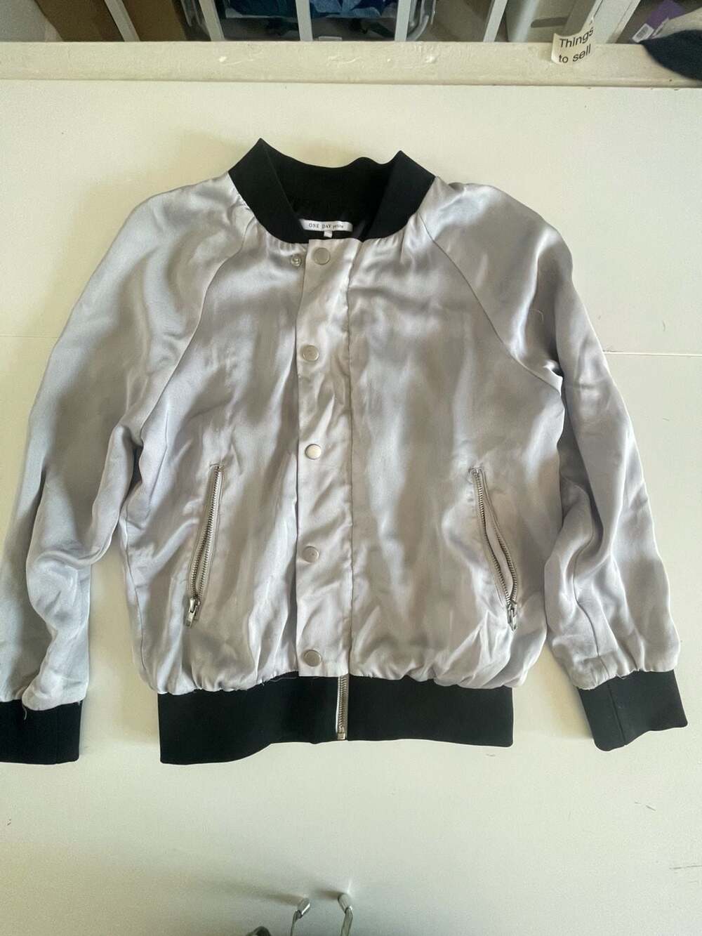 One Day Petite Women's Silver Satin Bomber Jacket with Black Ribbed Trim